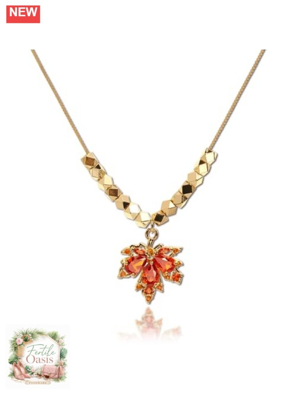 Dainty Maple Leaf Rhinestone Pendant Necklace, 14k Gold Plated Brass Choker